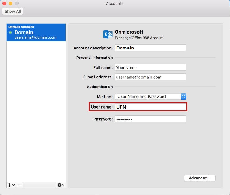 Capture d’écran de la boîte de dialogue Comptes Outlook 2016 pour Mac.