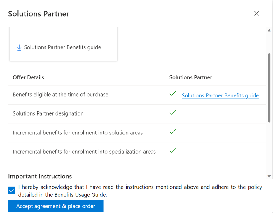 Capture d’écran de l’offre partenaire Solutions accepter un contrat et passer une commande.