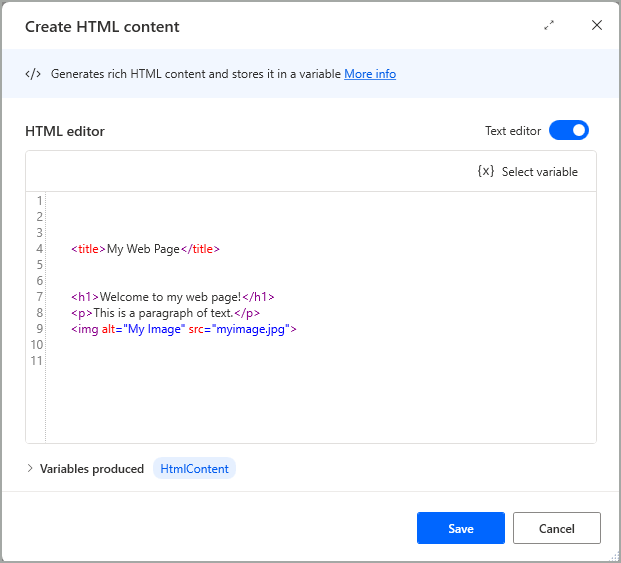 Capture d’écran de l’éditeur de texte dans l’action Créer du contenu HTML.