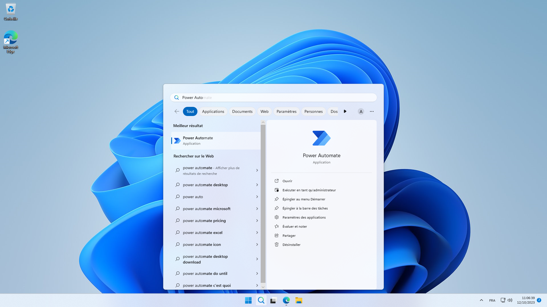 Capture d’écran du menu de recherche de Windows 11.