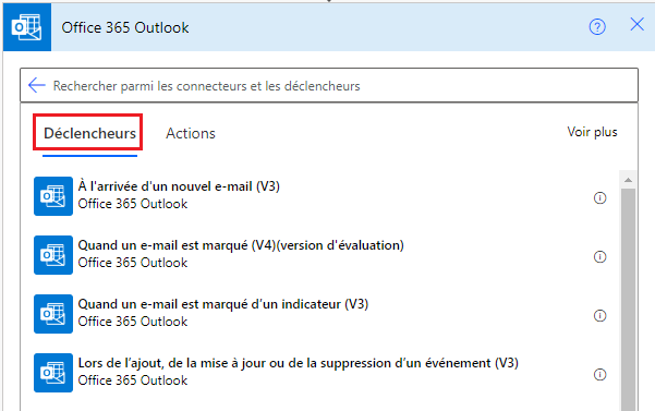 Capture d’écran de certains des déclencheurs Office 365 Outlook.