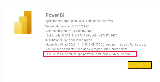 Capture d’écran de la boîte de dialogue À propos de Power BI avec l’URL du locataire de l’utilisateur invité mise en évidence.