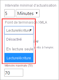 Capture d’écran montrant les paramètres du point de terminaison XMLA. L’option Accès en lecture/écriture est sélectionnée.