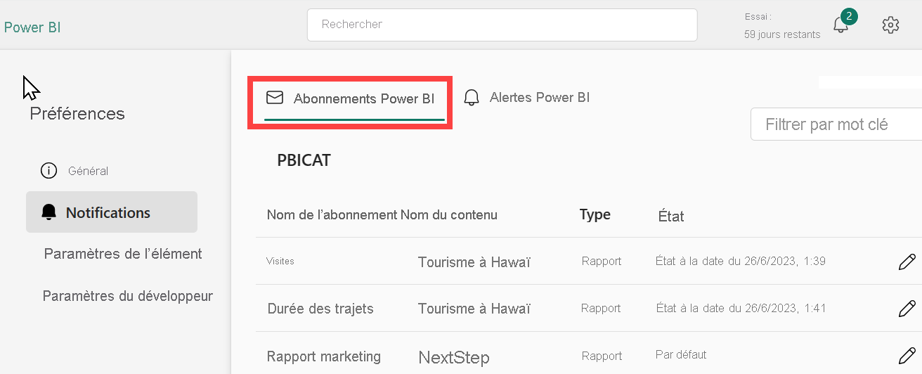 Screenshot showing the Notifications pane with Power BI subscription outlined in red.