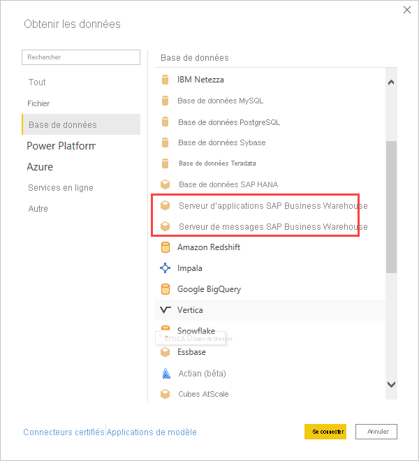 Capture d’écran montrant les options Obtenir des données pour SAP.