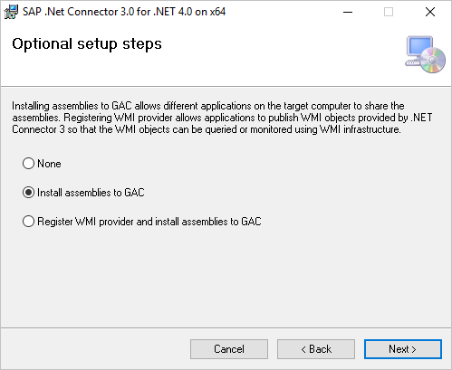 Capture d’écran des étapes d’installation facultatives de SAP avec l’option Installer des assemblys dans GAC sélectionnée.