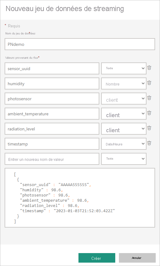 Screenshot of the New streaming semantic model dialog, showing defaults for the Semantic model name and Values from stream fields.