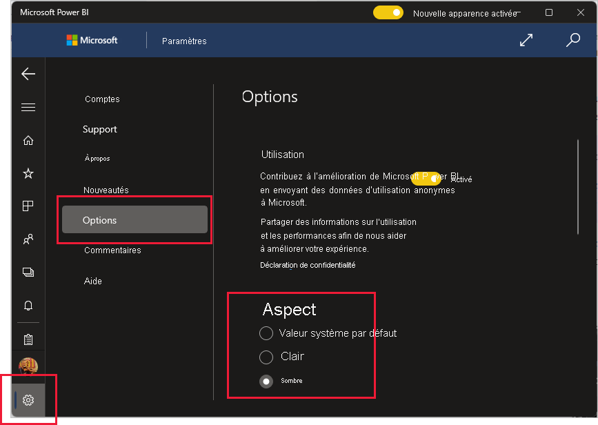 Screenshot of appearance settings for the Power B I Windows app. 