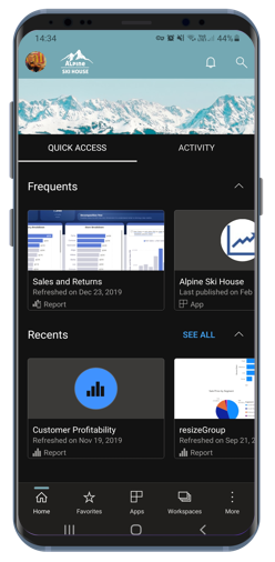 Capture d’écran du mode foncé dans l’application Power BI Mobile pour Android.