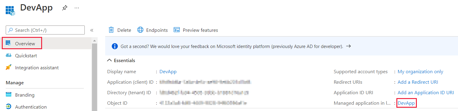 Capture d’écran de la fenêtre Portail Azure, qui montre l’option Application gérée dans le répertoire local dans le panneau Vue d’ensemble d’une application Microsoft Entra.