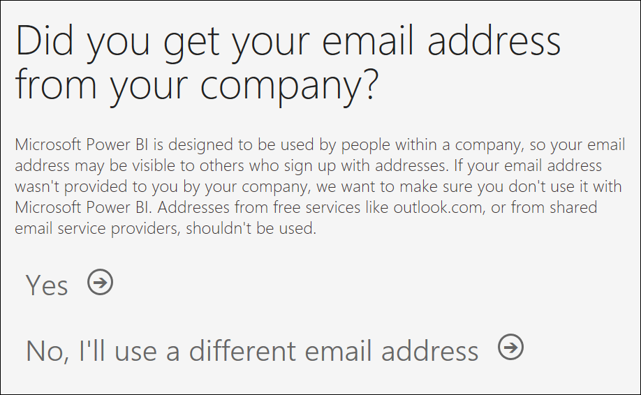 Capture d’écran du service Power BI montrant une invite à confirmer une adresse e-mail.