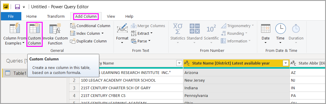 Screenshot of the Power Query Editor highlighting the Custom Column button on the Add Column tab.