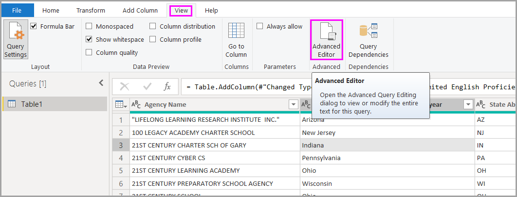Screenshot of Power Query Editor highlighting the Advanced Editor button on the View tab.