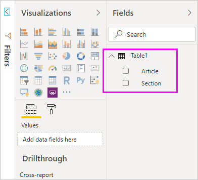 Screenshot shows the table created with the two fields loaded into Power BI Desktop.