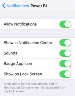 Screenshot shows an iPhone screen titled Power B I where you can allow and manage notifications.