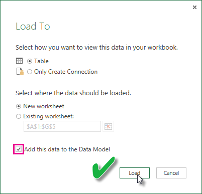 Screenshot of the Load To dialog, showing the Add this data to the Data Model box is checked.
