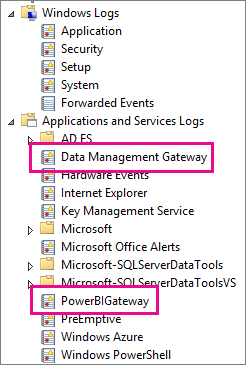 Screenshot shows Data Management Gateway and PowerBIGateway logs in the Applications and Service Logs directory.