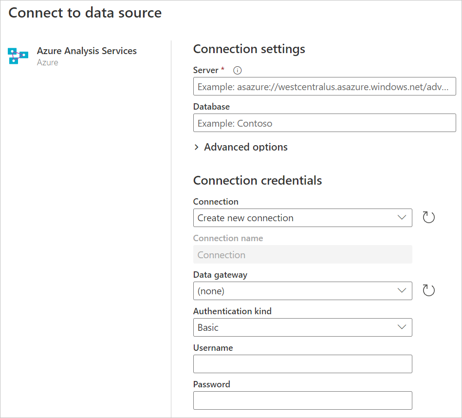 Générateur de connexion aux bases de données Azure Analysis Services dans Power Query Online.