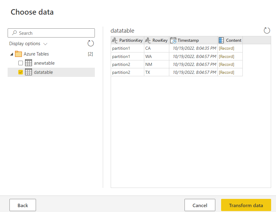 Capture d’écran de la fenêtre Stockage Table Azure choisir des données dans Power Query en ligne.