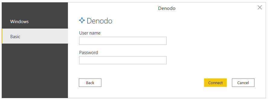 Authentification de base Denodo dans Power BI Desktop.