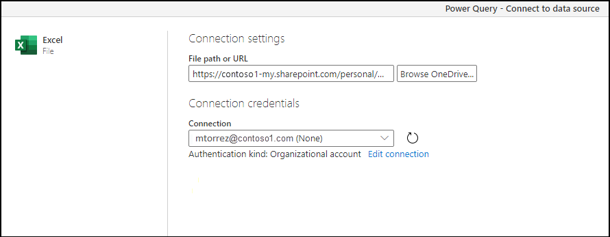 Fenêtre des paramètres de connexion avec l’URL du fichier sélectionné hébergé sur OneDrive Entreprise.
