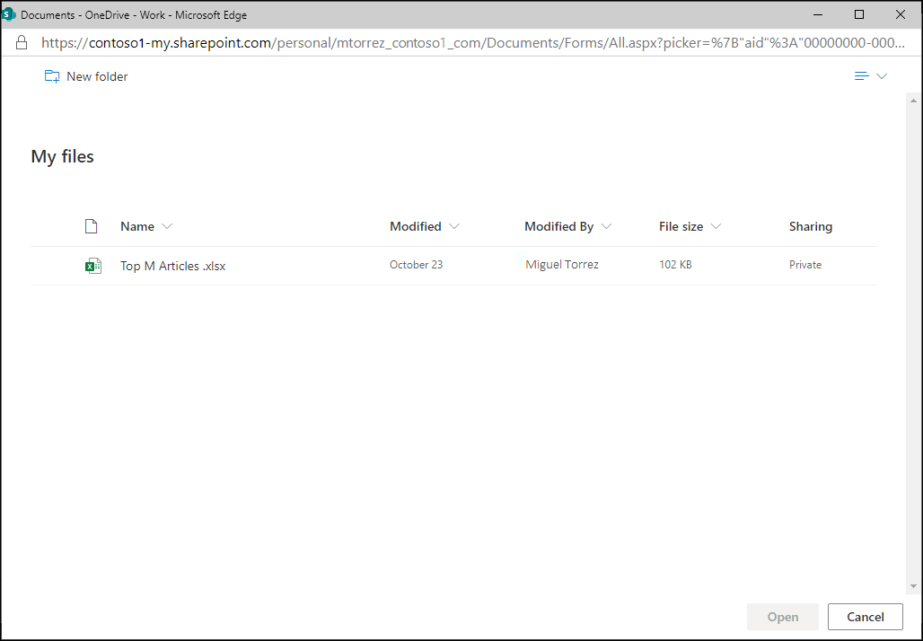 Nouvelle fenêtre pour parcourir les fichiers du OneDrive Entreprise de l’utilisateur authentifié.