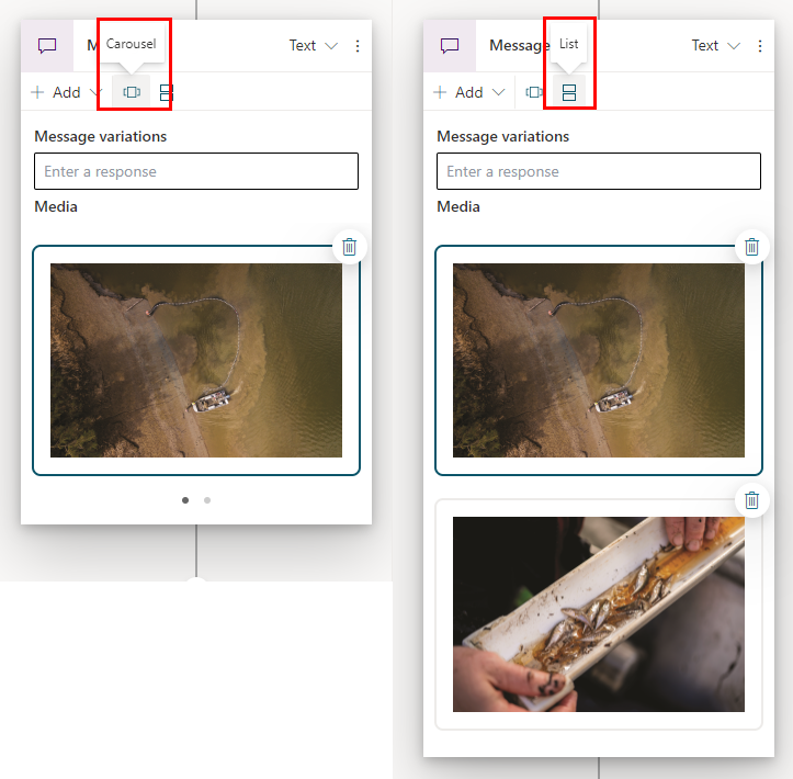Capture d’écran des cartes d’image dans la vue de carrousel et la vue de liste.