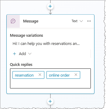 Capture d’écran des réponses rapides ajoutées à un nœud de Message.