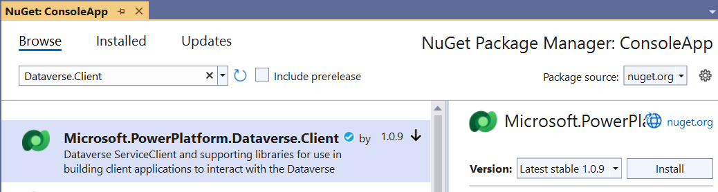 Installez le package Microsoft.PowerPlatform.Dataverse.Client NuGet.