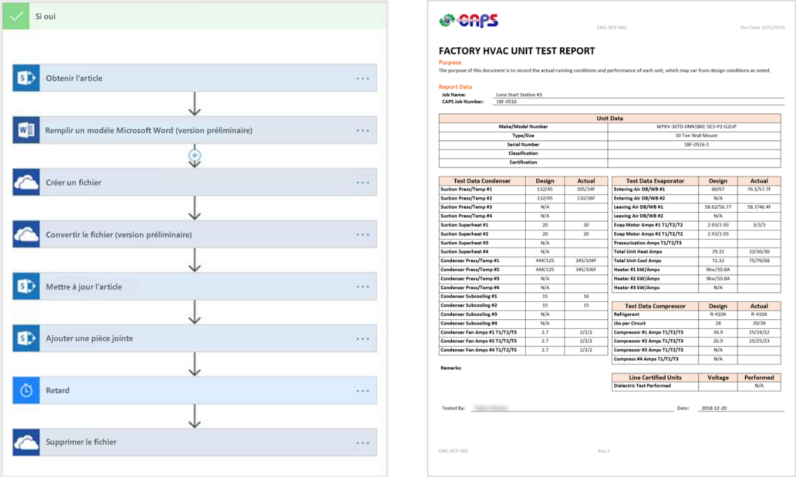 Capture d’écran des flux utilisés pour créer le rapport final et le rapport lui-même.