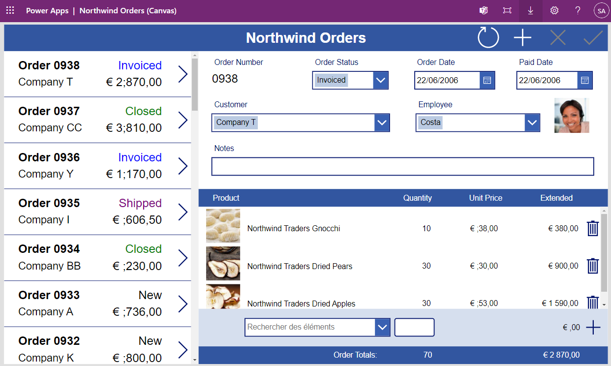 Liste des commandes et détails de l’application canevas Northwind.