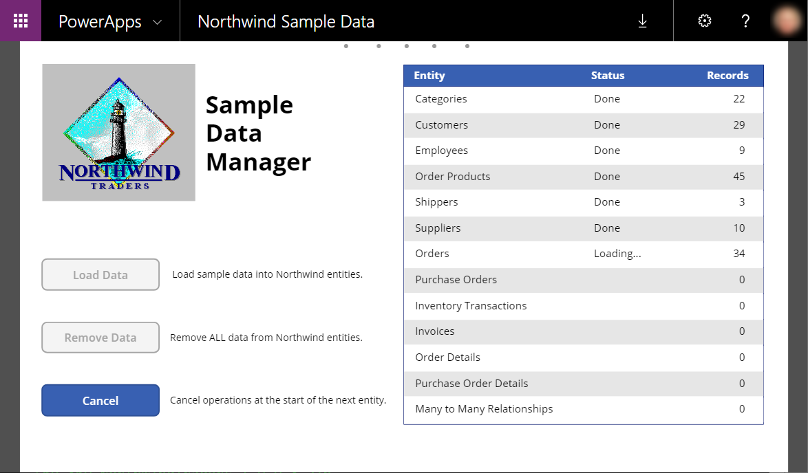 Sample Data Manager lors du chargement des données.