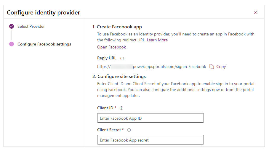 Configurer l’application Facebook.