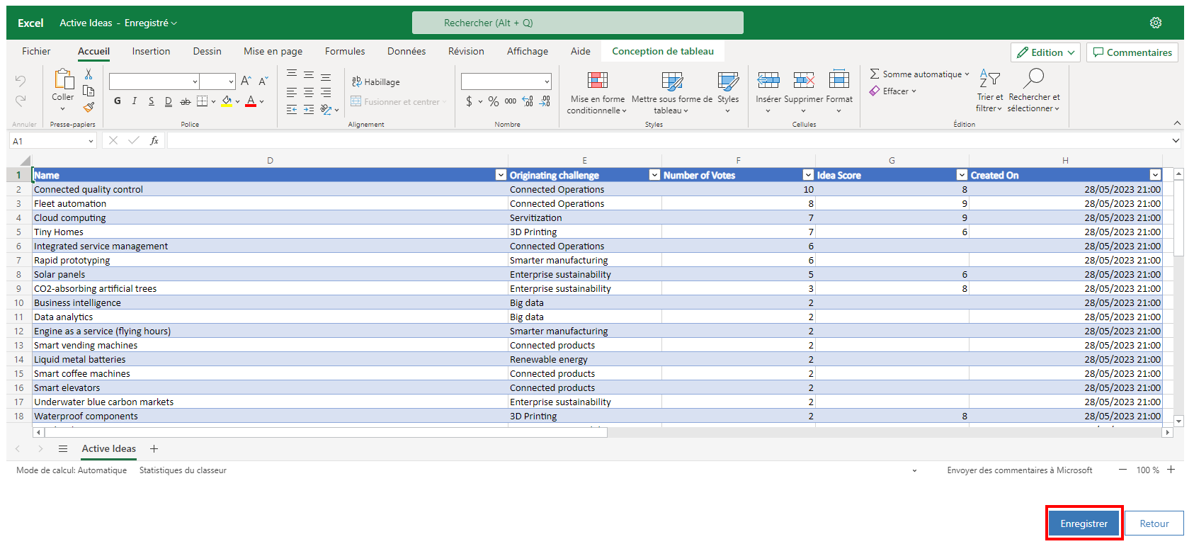 Sélectionnez Enregistrer sur le fichier Excel Online.