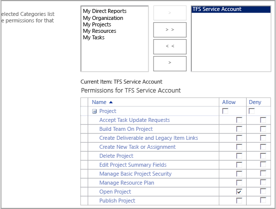 Category permissions for TFS service account