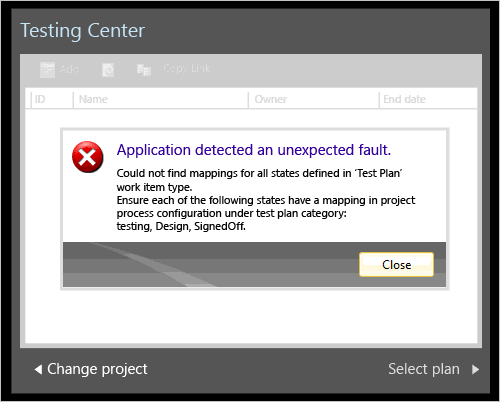 Application fault error message after TFS upgrade