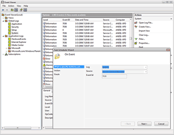 L'Assistant Planificateur de tâches de Windows Vista peut être lancé à partir de l'Observateur d'événements.