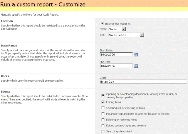 Exécution d'un rapport personnalisé pour spécifier les critères d'audit