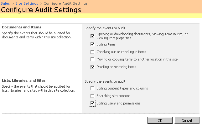 AuditSettings.aspx pour la configuration des paramètres d'audit