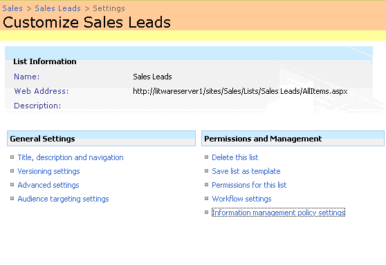 Page de configuration de la stratégie de gestion des informations