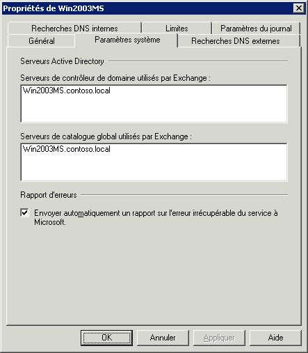 Capture d'écran de l'onglet Paramètres système dans SP1