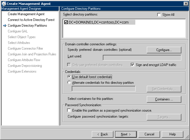 Créer MA, Page Configuration des partitions d'annuaire