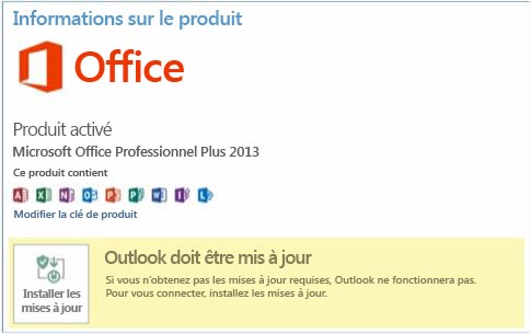 Onglet Compte d’Office : Outlook doit être mis à jour