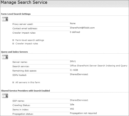 Page de gestion des paramètres de service de recherche