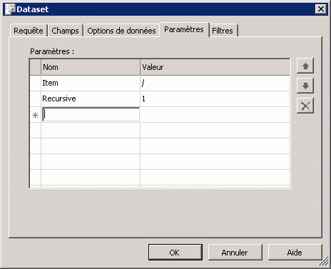 Capture d'écran affichant un dataset XML avec paramètres