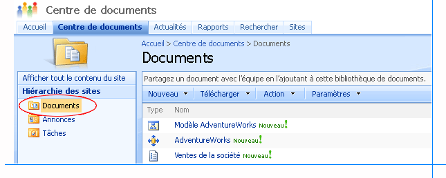 Bibliothèque SharePoint avec éléments de serveur de rapports