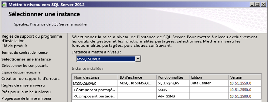 Interface utilisateur de la mise à niveau intégrée de SQL Server 2012 SP1