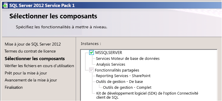 Interface utilisateur de la mise à jour de SQL Server 2012 SP1