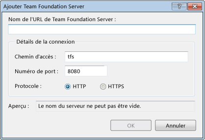 Boîte de dialogue Ajouter Team Foundation Server pour TFS 2010