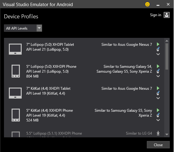 The Visual Studio Emulator for Android Manager